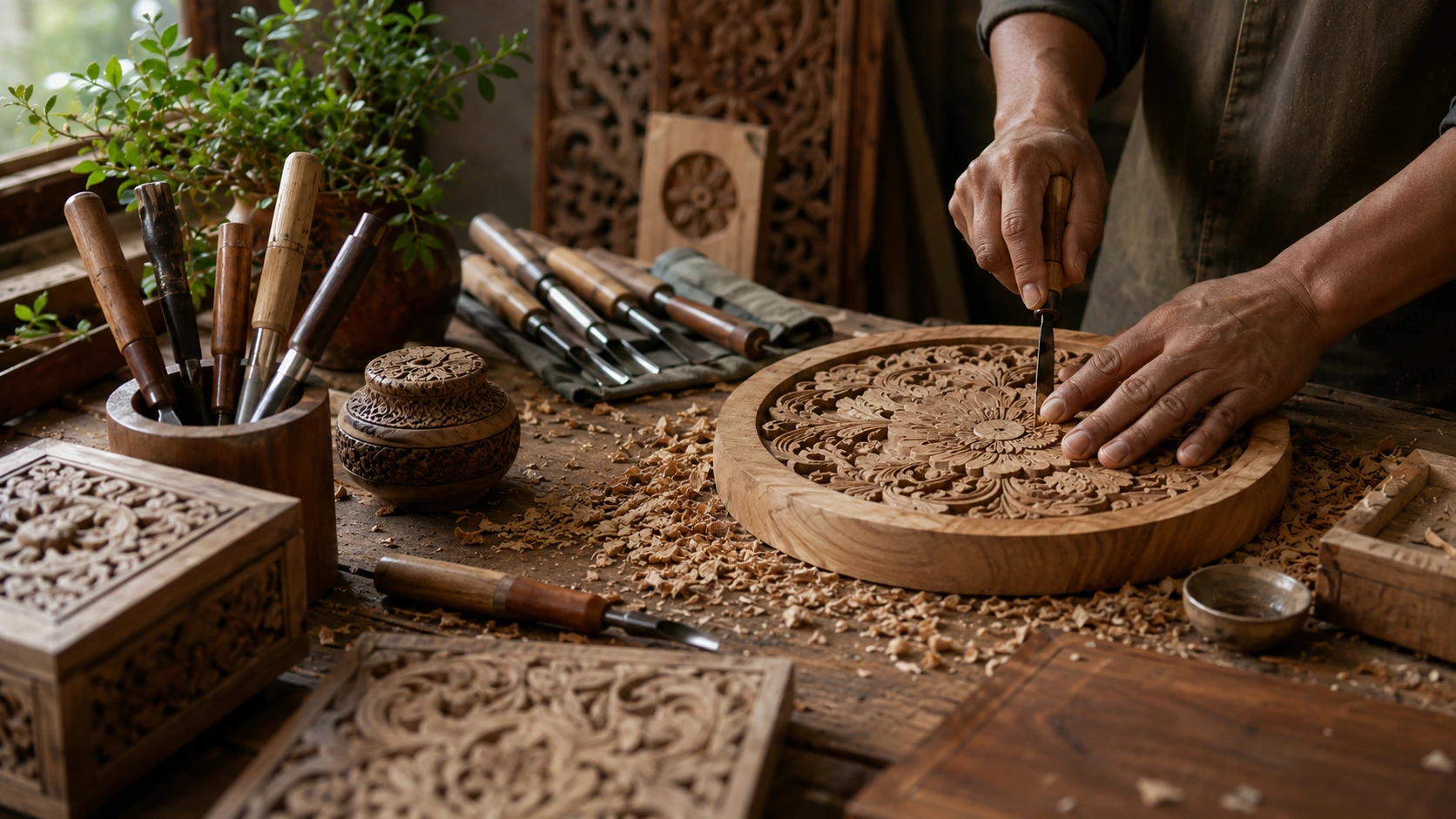 Artisan working on handmade wooden artwork in a workshop