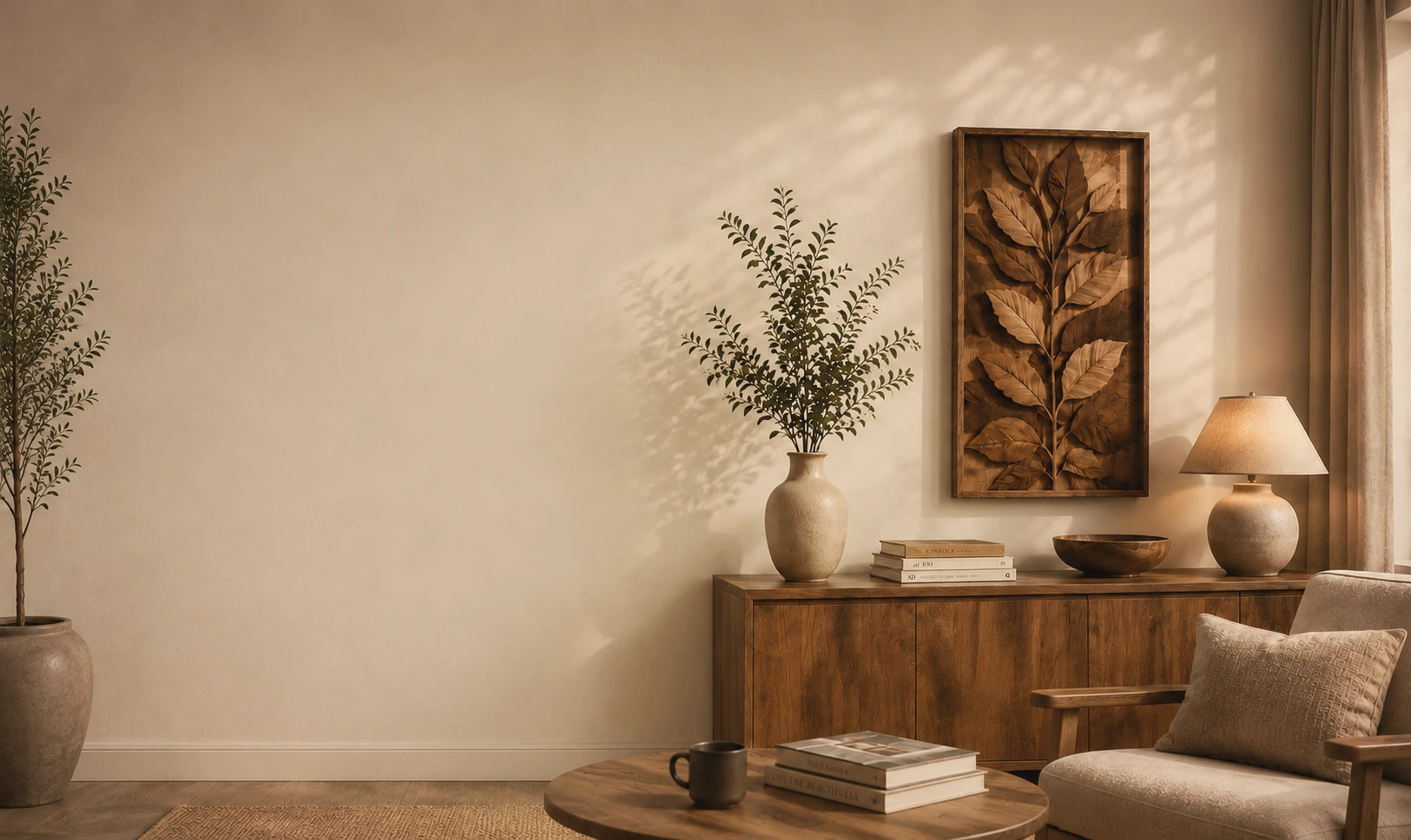 Elegant interior with handcrafted wooden decor and natural materials