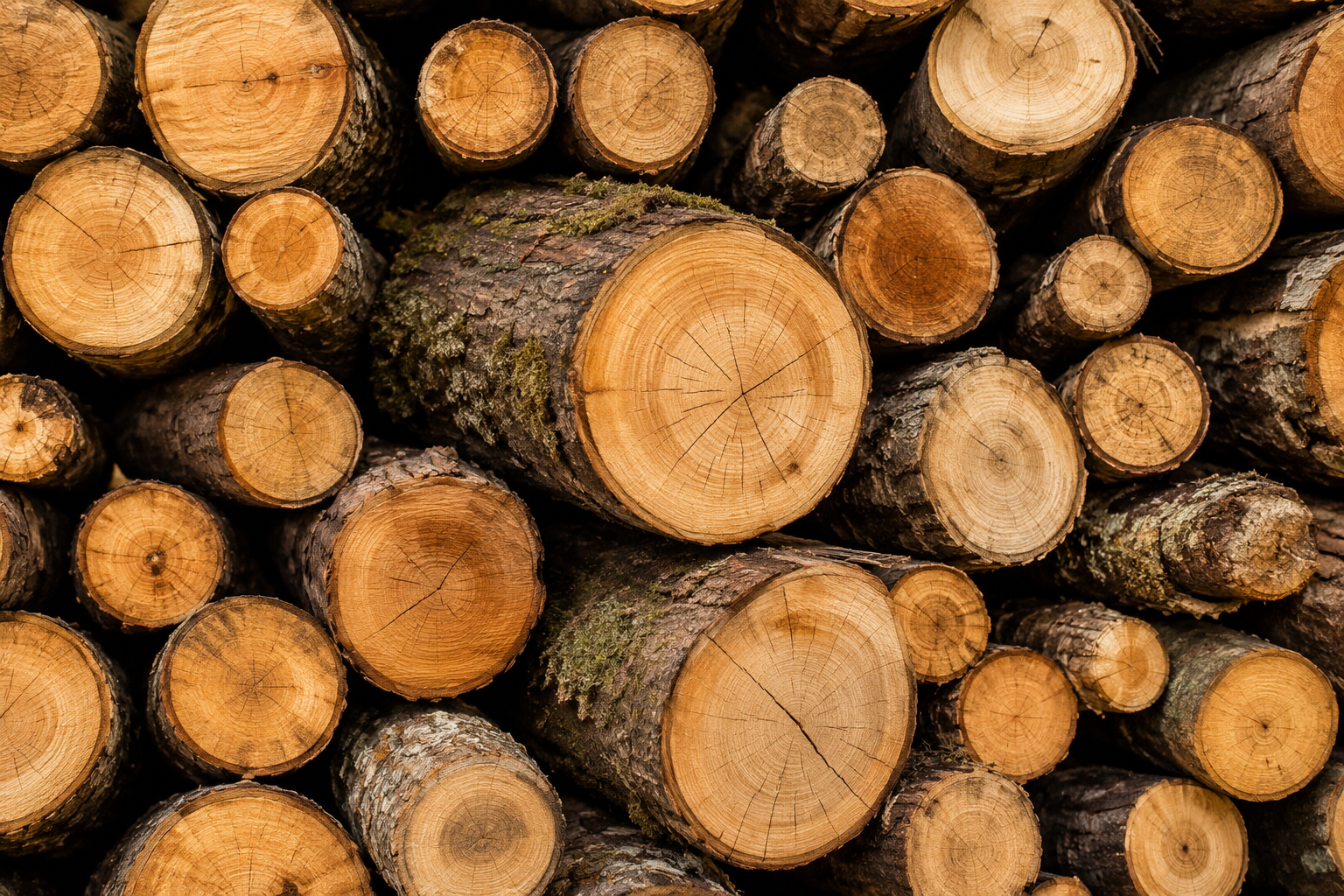 Close-up of natural cut wood logs with visible tree rings